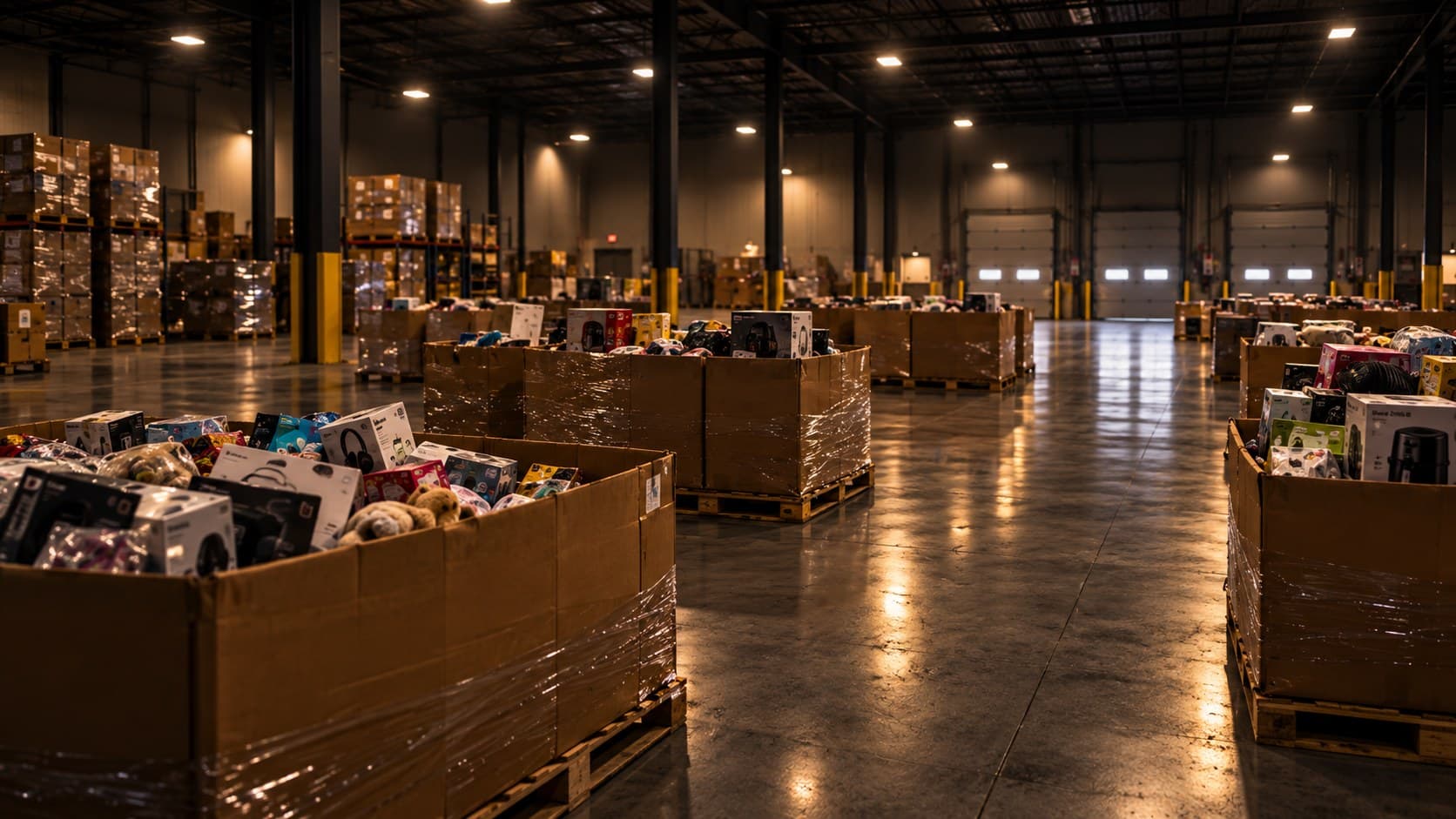 Warehouse aisle lined with large cardboard bins of mixed liquidation merchandise including electronics, headphones, small appliances and toys